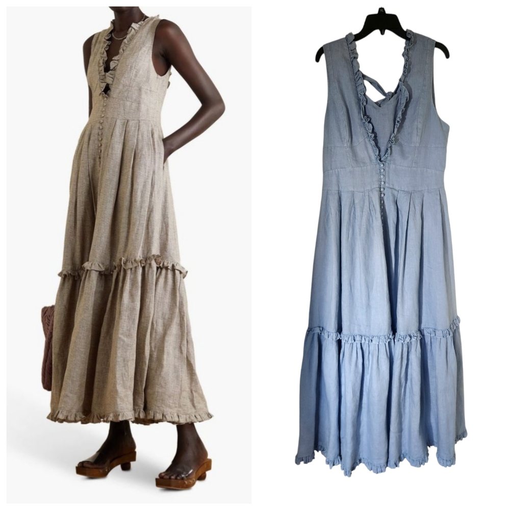Joslin Juliet Linen Ruffle Dress Maxi Tiered Bow Ribbon Size 16 (AUS) 12 (US)